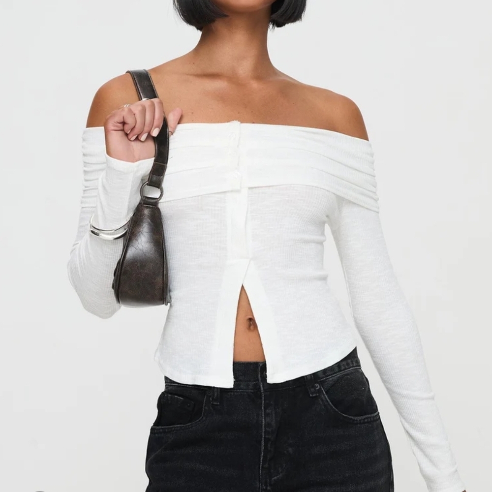 Princess Polly White Off-Shoulder Button Down Shirt